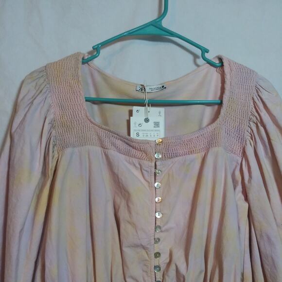Zara Pink Tie Dye Puff Sleeve Button-Up Women's Blouse Crop Top Size Small - Picture 3 of 12